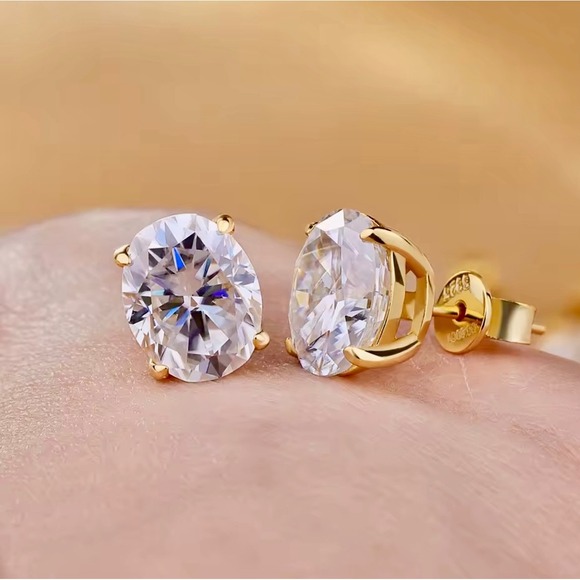 Oval Cut Moissanite Stud Earrings 14k Gold Tone 925 Sterling Silver Solitaire